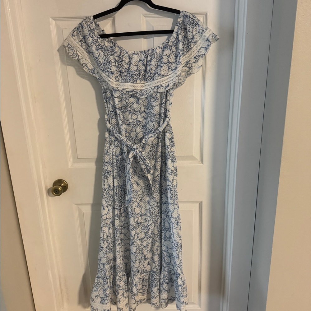 Marysia Swim Blue and White Ruffled Tie Front Midi Dress